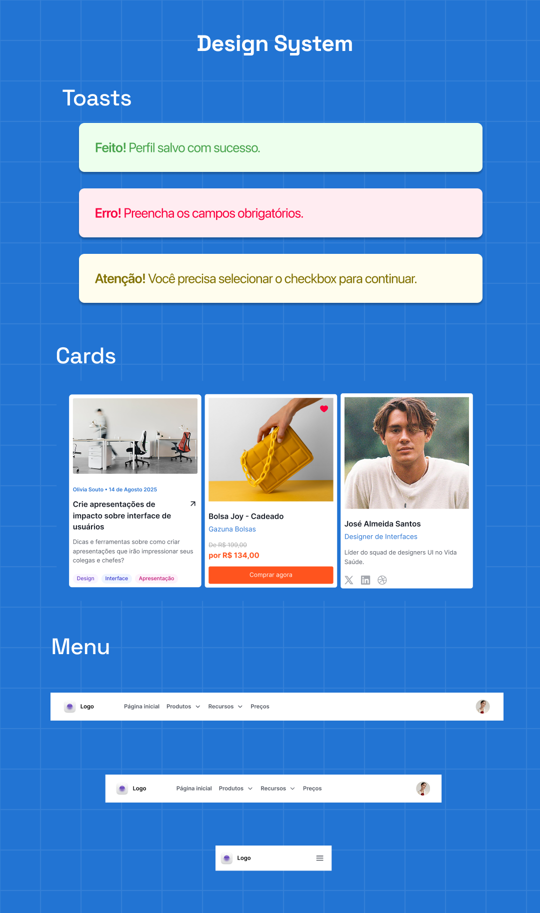 Exemplo de uma biblioteca de componentes organizada no Figma