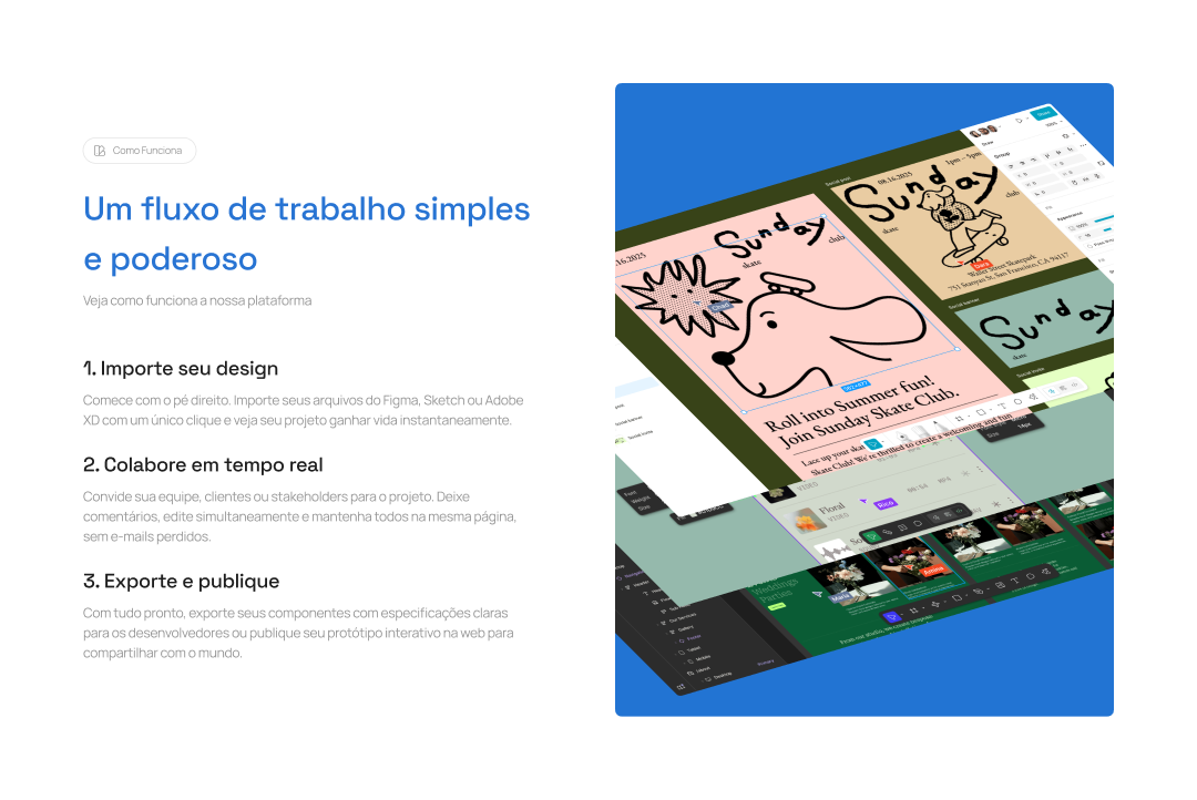 Comparação entre uma seção de 'Como Funciona' e uma Galeria de Imagens
