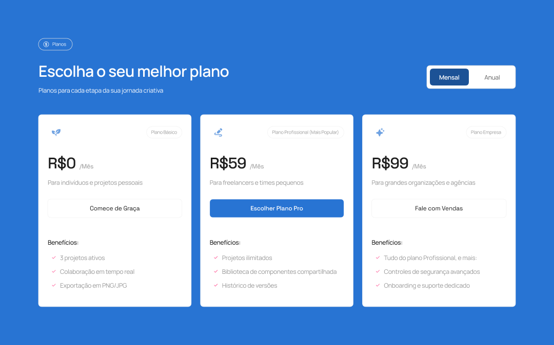 Três cards de preço, com o do meio destacado como 'Mais Popular'