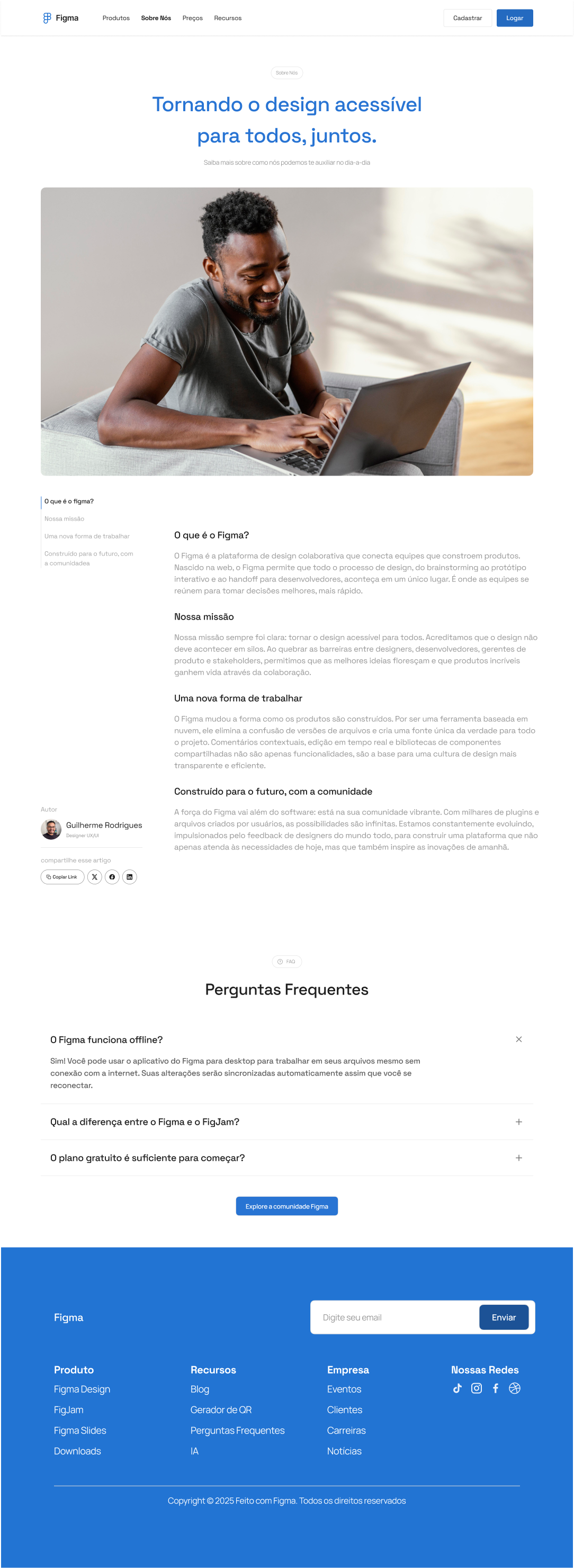 Exemplo de uma página 'Sobre Nós' com título, texto e imagem do time