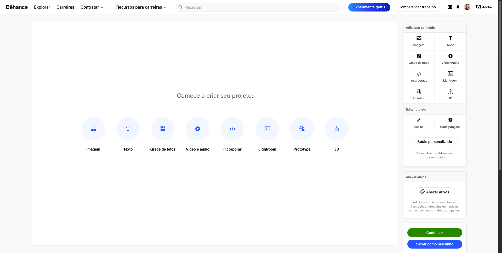 Exemplo do editor do Behance com blocos de imagem e texto