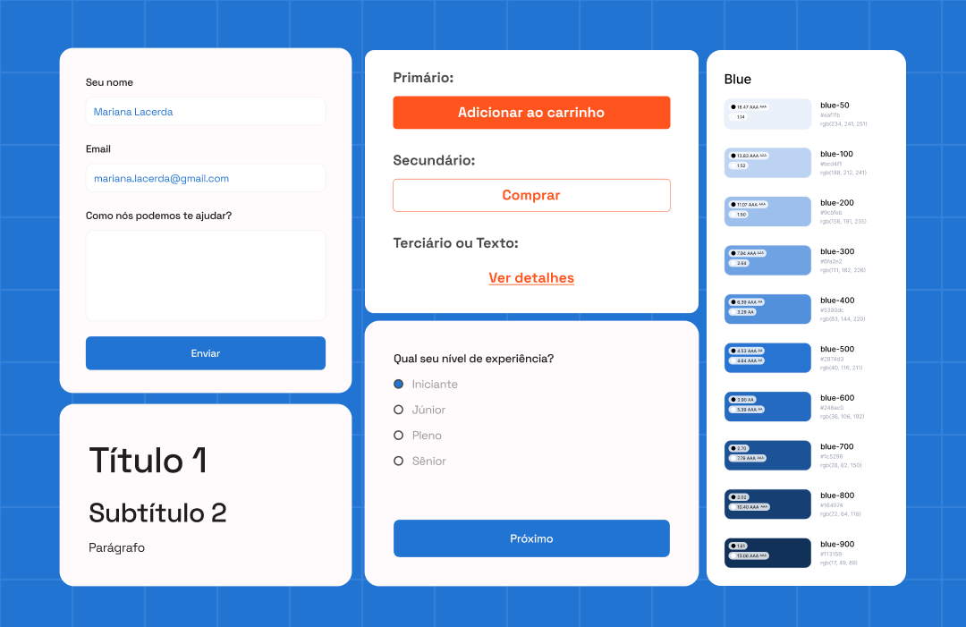Exemplo de um guia de estilos com cores, fontes e componentes