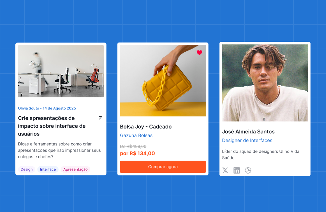 Três tipos diferentes de cards de UI